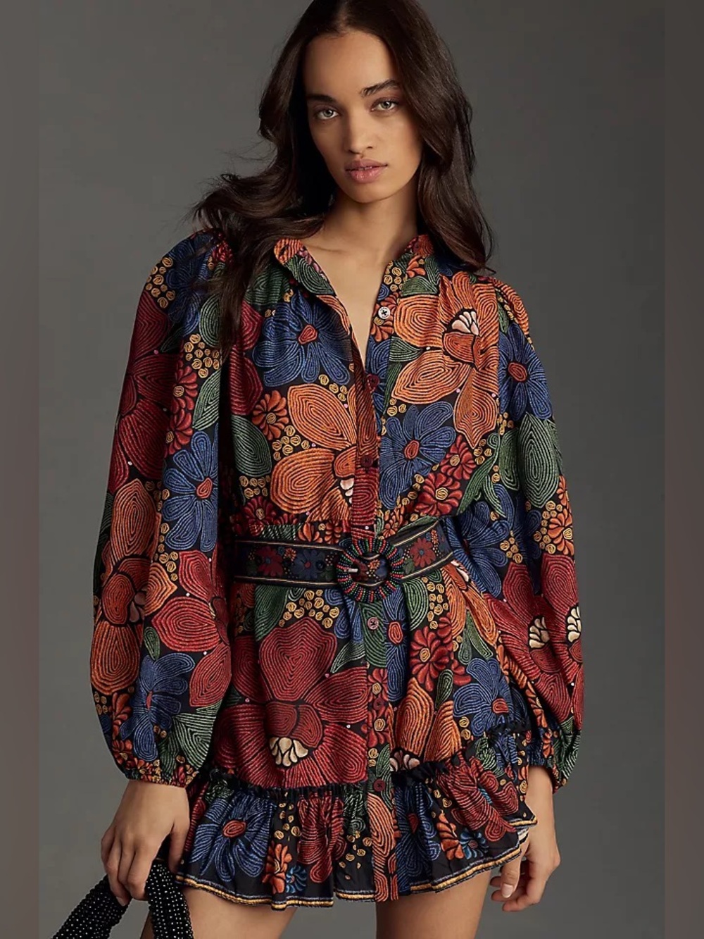 Farm Rio Black Stitched Flowers Long Sleeve Mini Dress Size M Boho Fall Colors - Picture 1 of 9